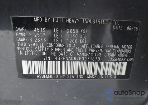 2015 Subaru Legacy 2.5I Premium from USA, damaged, VIN 4S3BNAD67F3071878